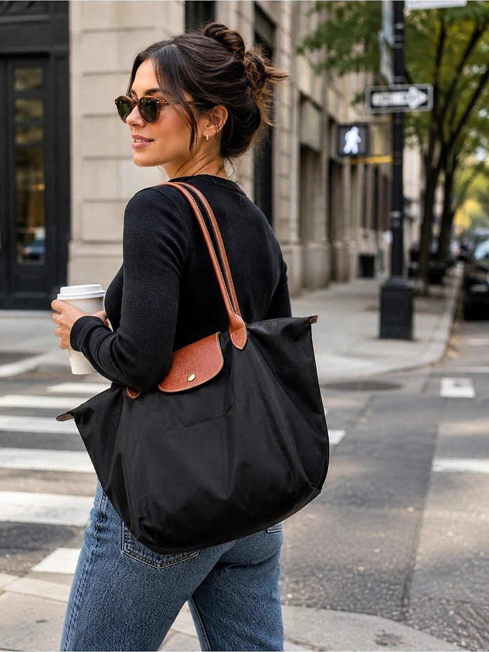 🔹 Longchamp Le Pliage Large Black Nylon Shoulder Tote Brown Leather